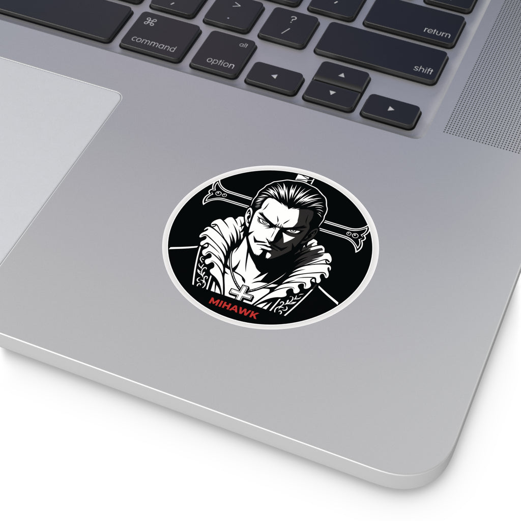 Mihawk Portrait Round Vinyl Sticker | Black White Anime Skull Cross