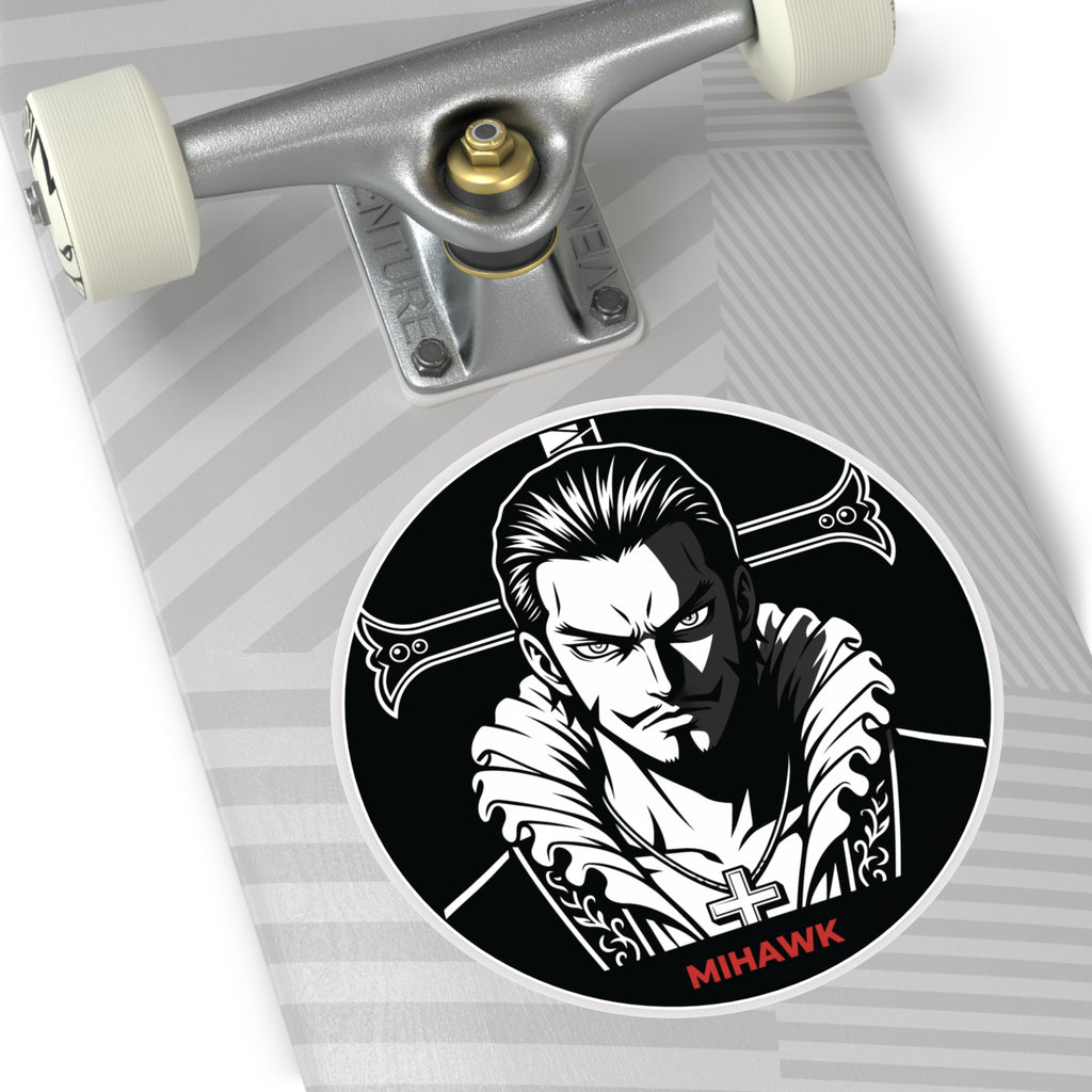 Mihawk Portrait Round Vinyl Sticker | Black White Anime Skull Cross