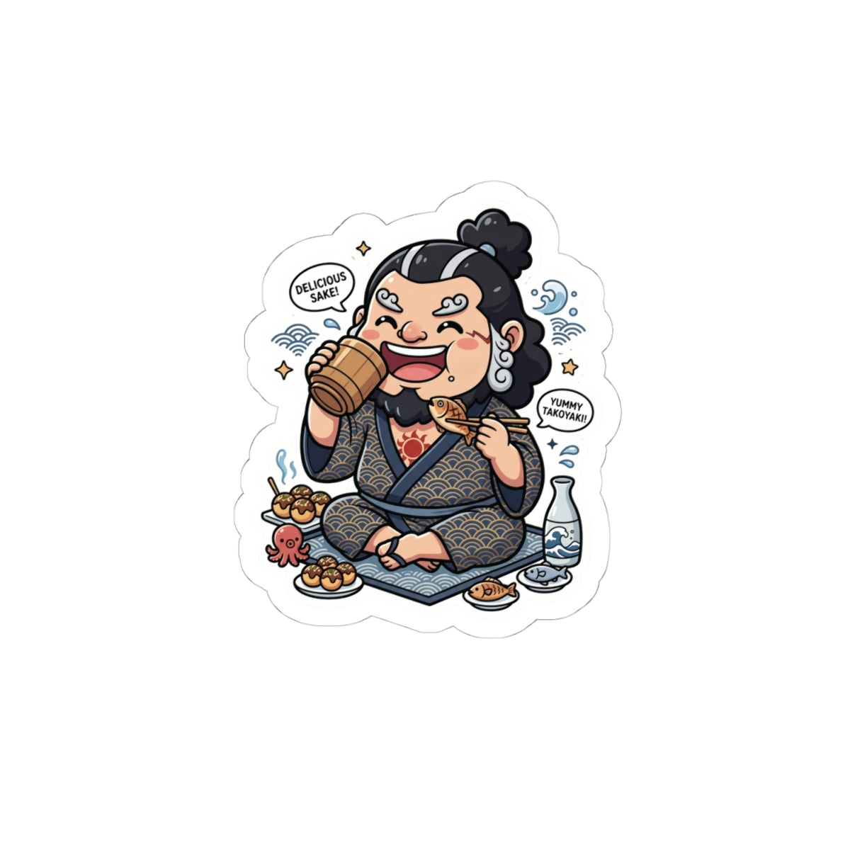 Samurai Sake Sticker — Funny Japanese Food Lover Kiss-Cut Decal