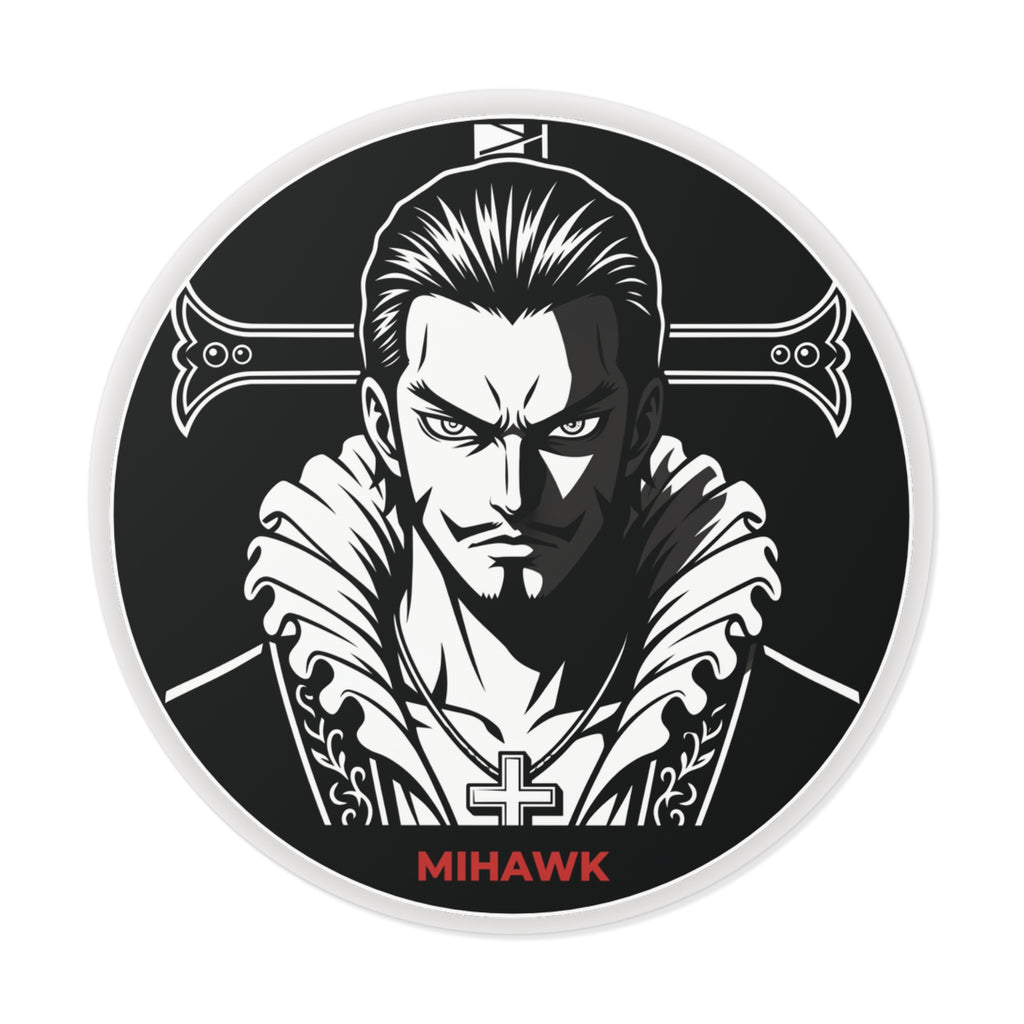Mihawk Portrait Round Vinyl Sticker | Black White Anime Skull Cross