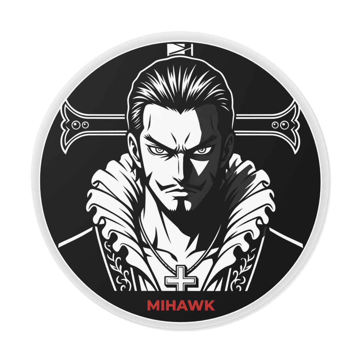 Mihawk Portrait Round Vinyl Sticker | Black White Anime Skull Cross