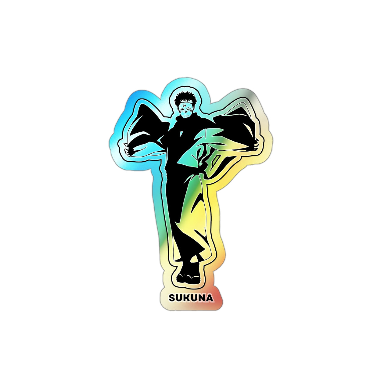 Unleash the King of Curses  Sukuna Holographic Die-Cut Sticker for Anime Laptops, Skateboards, and Journals.