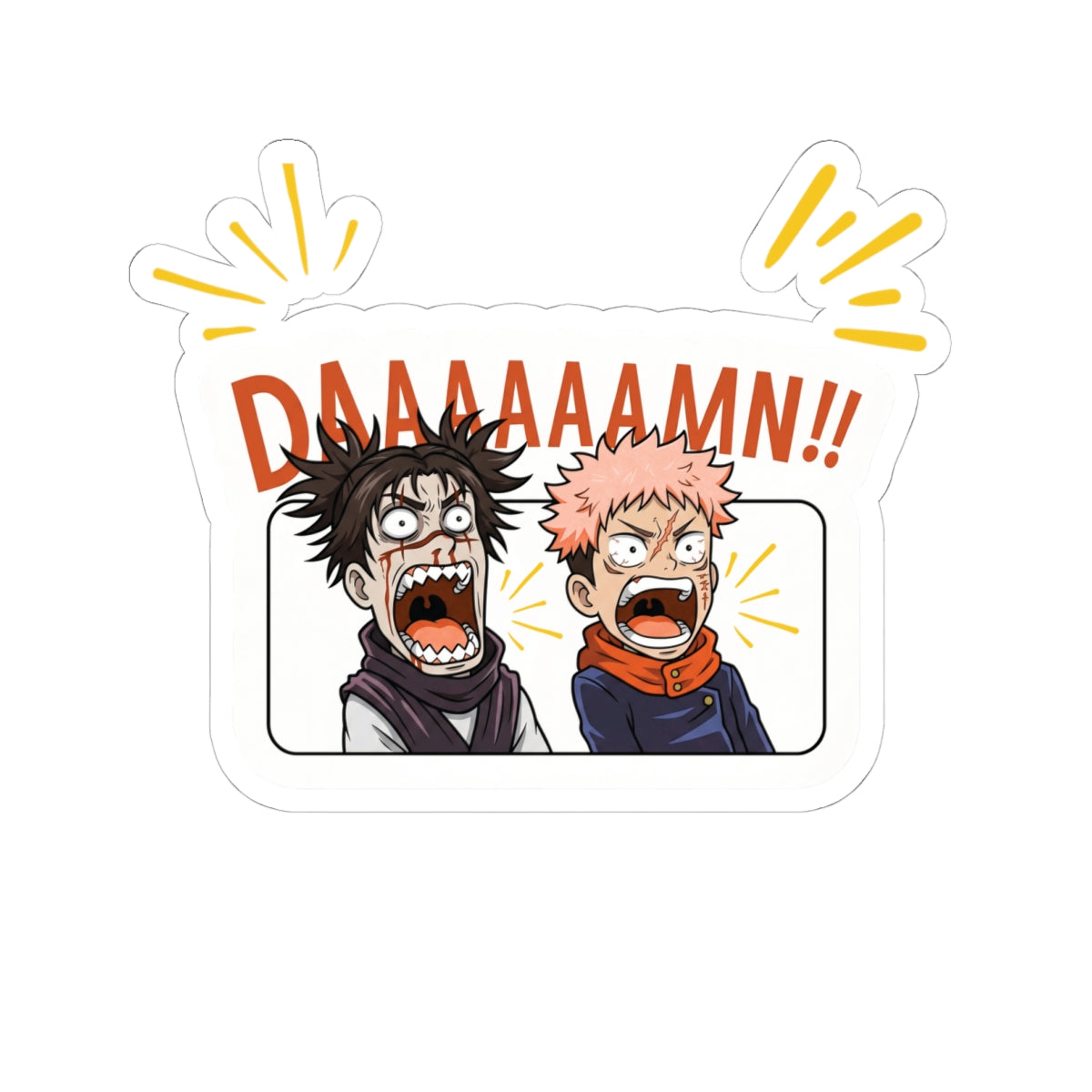 Shocked Anime Duo "DAAAAAAMN!!" Sticker | Jujutsu Kaisen Inspired Meme Decal | Kiss-Cut Vinyl for Laptops, Journals & Water Bottles