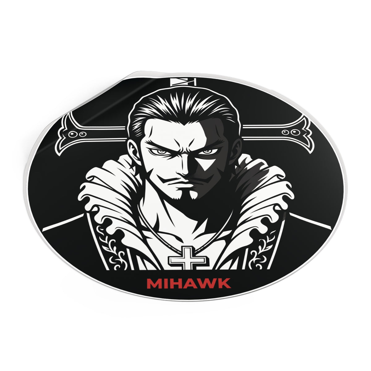 Mihawk Portrait Round Vinyl Sticker | Black White Anime Skull Cross