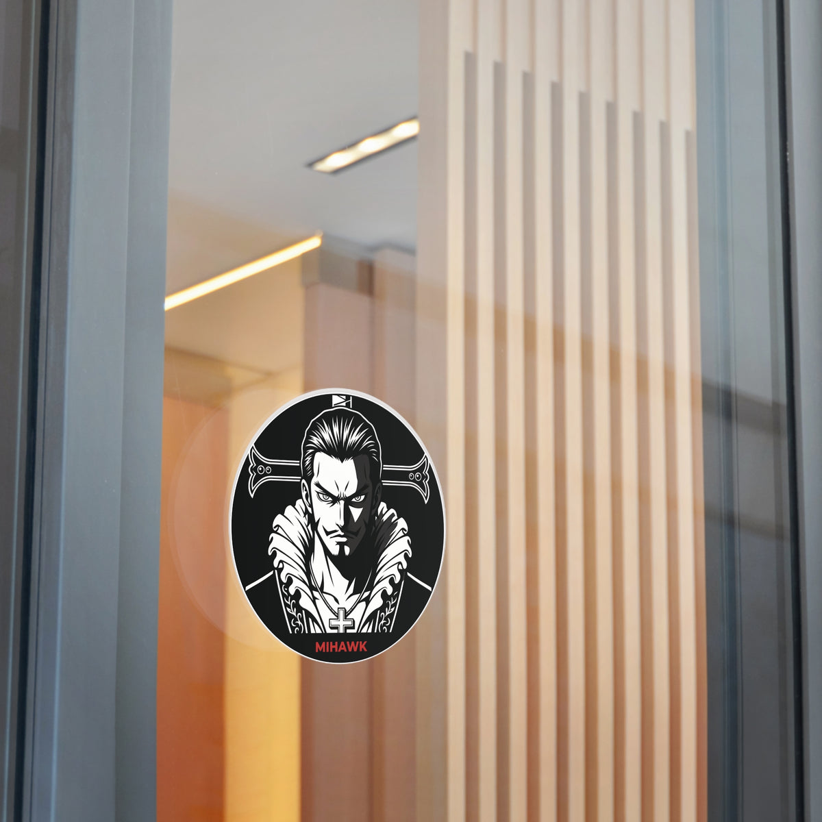 Mihawk Portrait Round Vinyl Sticker | Black White Anime Skull Cross