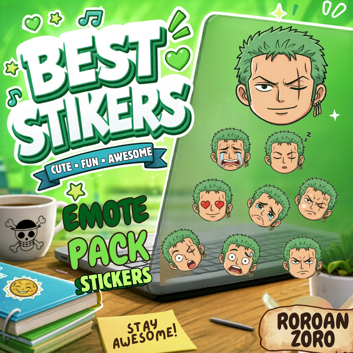 Roronoa Zoro Emote Pack Stickers | Kiss-Cut Anime Character Sticker Set