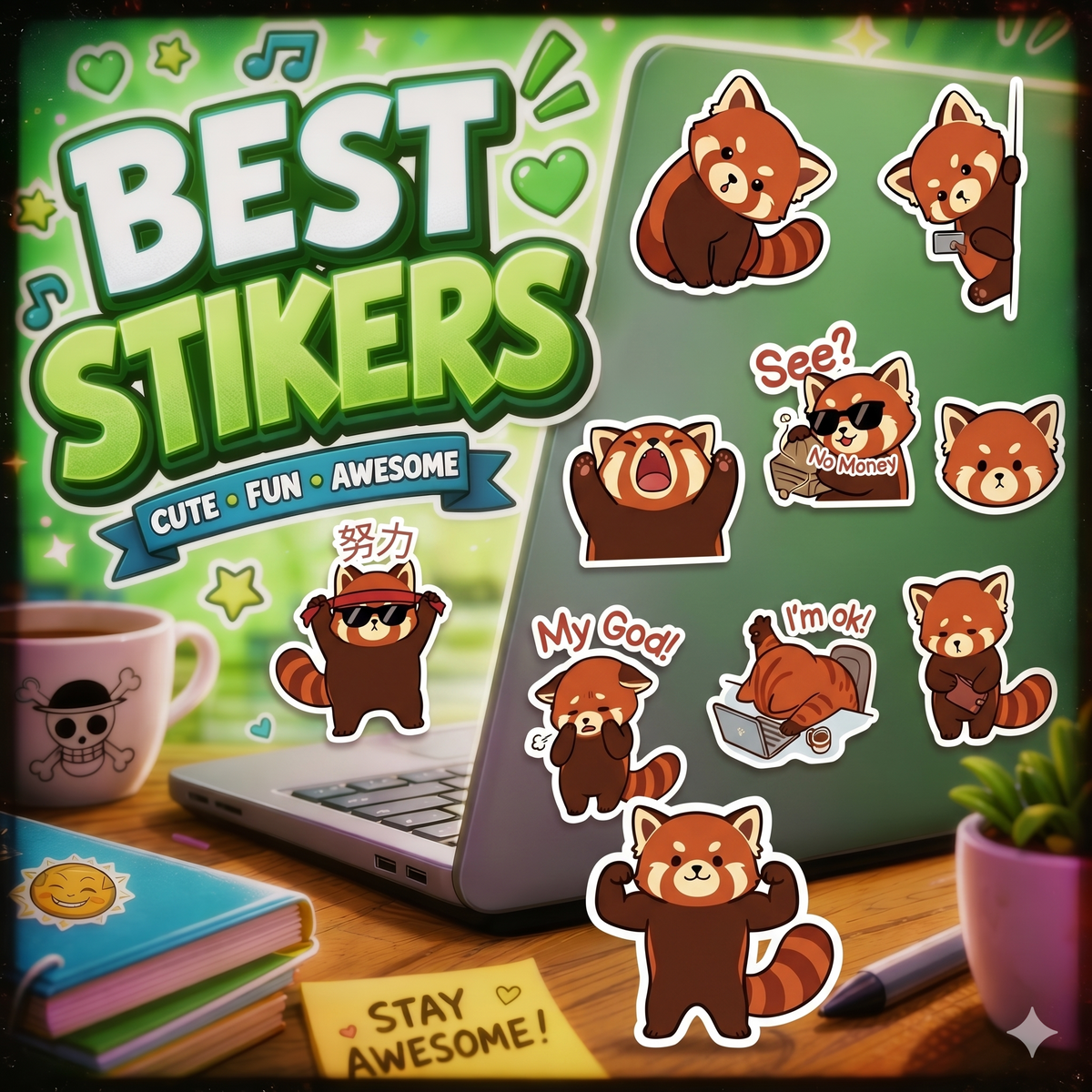 Red Panda Stickers Kiss-Cut Sticker Sheet | Cute Cartoon Red Panda Emotes