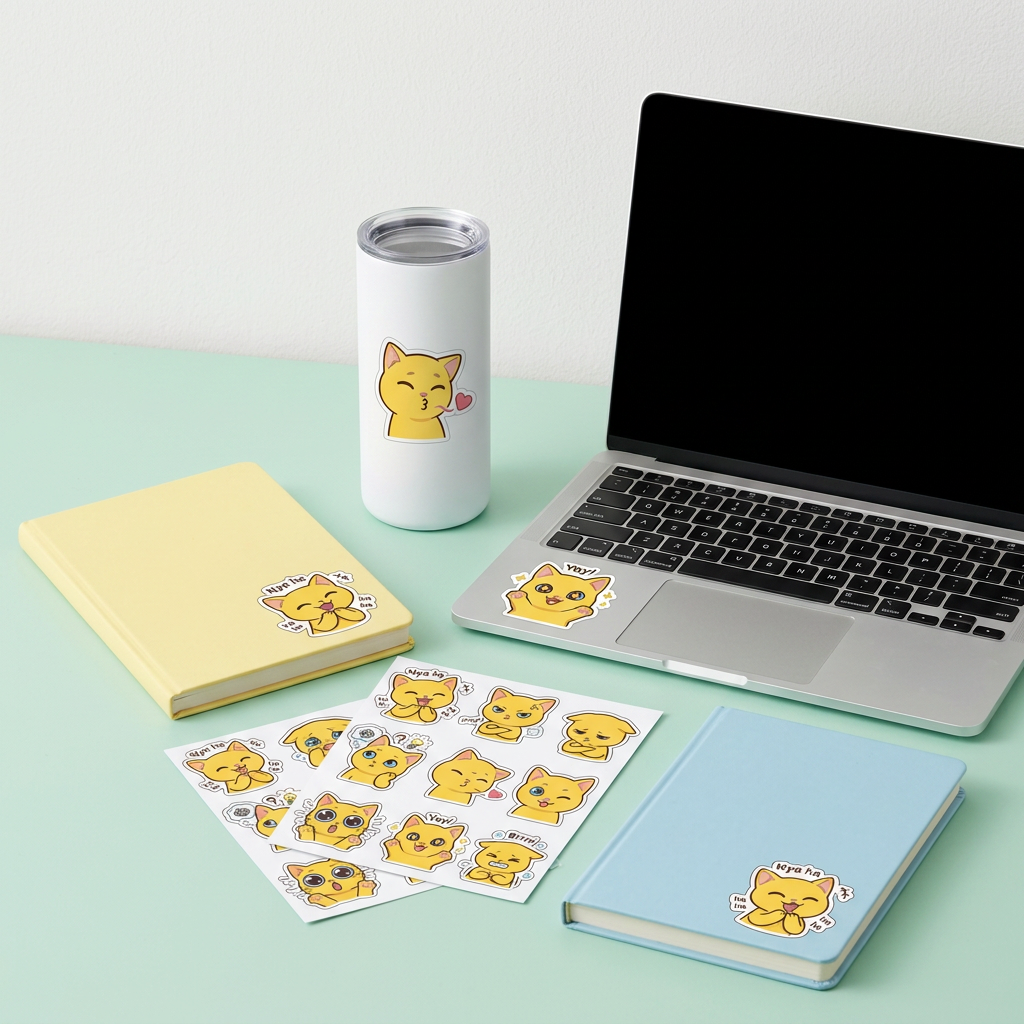 Cute Yellow Cat Emoji Stickers Kiss-Cut Sticker Sheet | Laptop Decals
