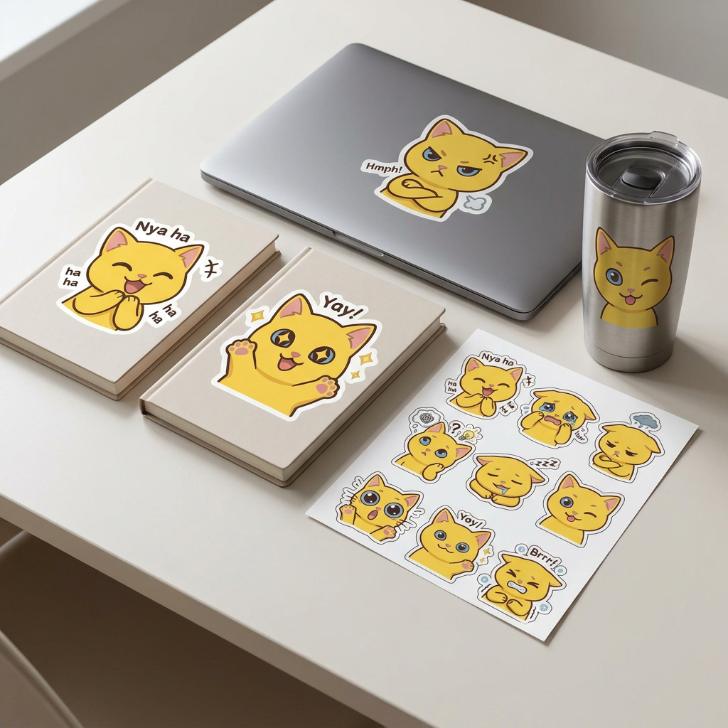Cute Yellow Cat Emoji Stickers Kiss-Cut Sticker Sheet | Laptop Decals