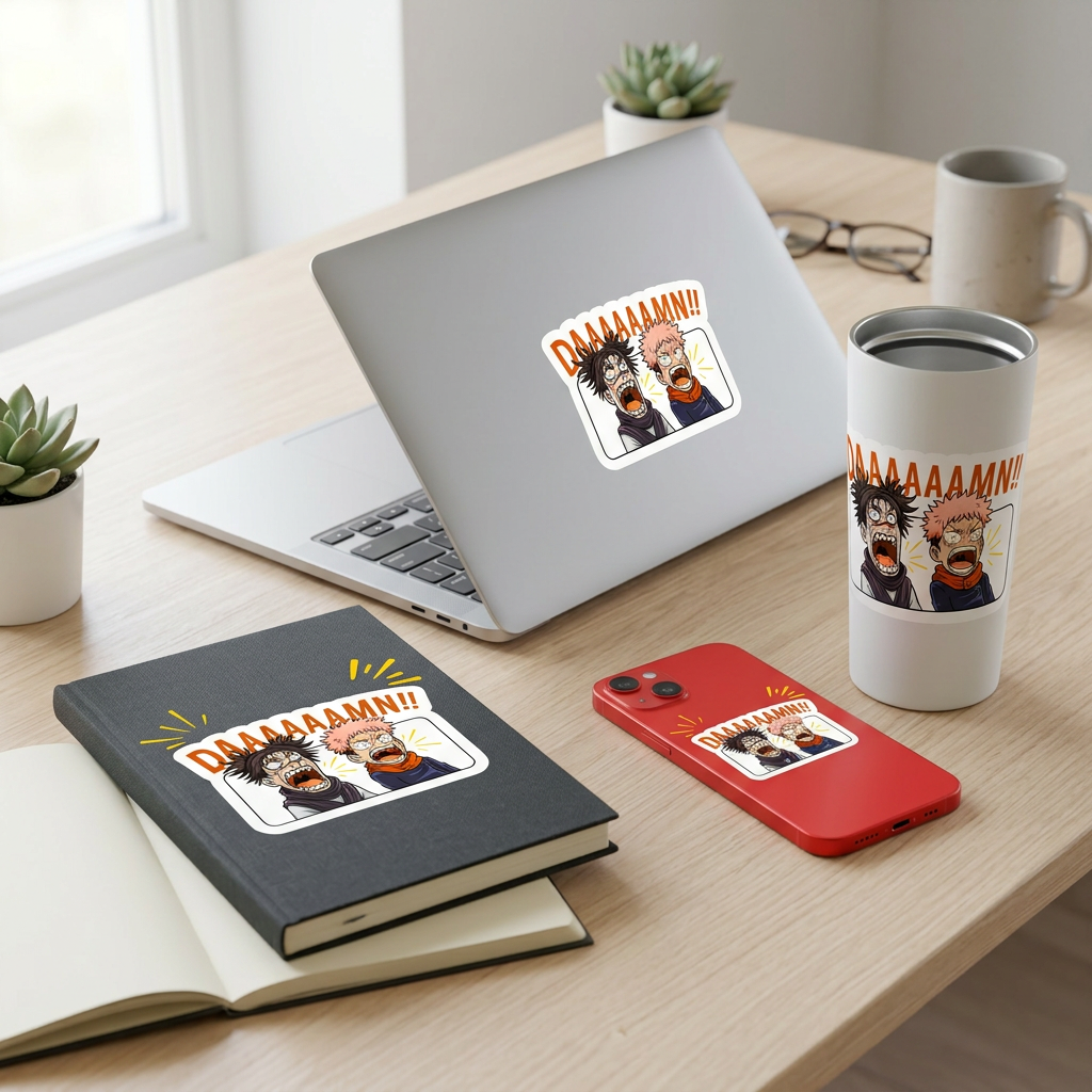 Shocked Anime Duo "DAAAAAAMN!!" Sticker | Jujutsu Kaisen Inspired Meme Decal | Kiss-Cut Vinyl for Laptops, Journals & Water Bottles