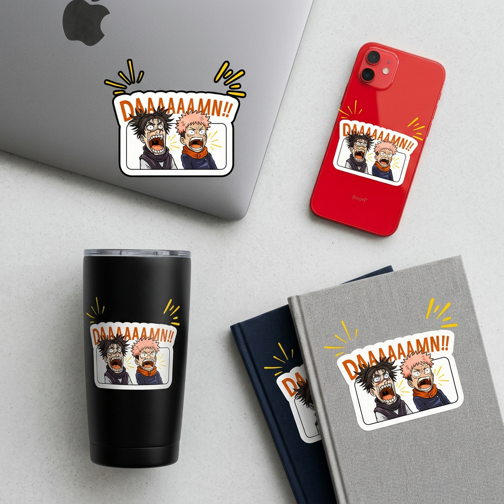 Shocked Anime Duo "DAAAAAAMN!!" Sticker | Jujutsu Kaisen Inspired Meme Decal | Kiss-Cut Vinyl for Laptops, Journals & Water Bottles