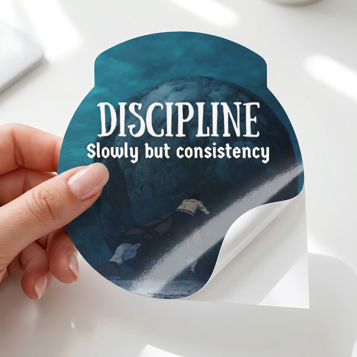 Discipline "Slowly but Consistency" Round Sticker | Motivational Anime Aesthetic Decal | Matte Waterproof Vinyl for Water Bottles & Laptops