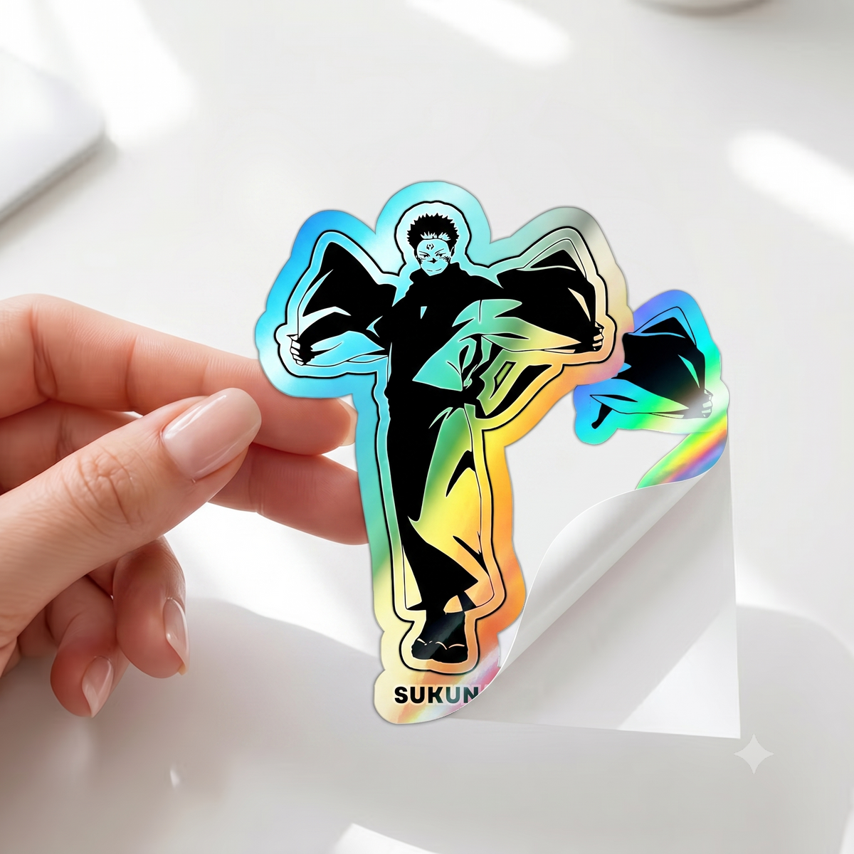 Unleash the King of Curses  Sukuna Holographic Die-Cut Sticker for Anime Laptops, Skateboards, and Journals.
