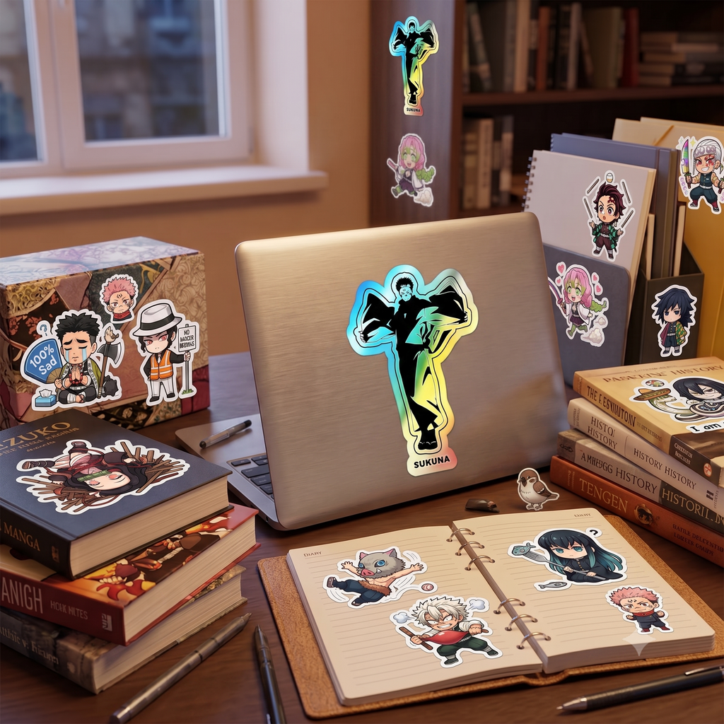 Unleash the King of Curses  Sukuna Holographic Die-Cut Sticker for Anime Laptops, Skateboards, and Journals.
