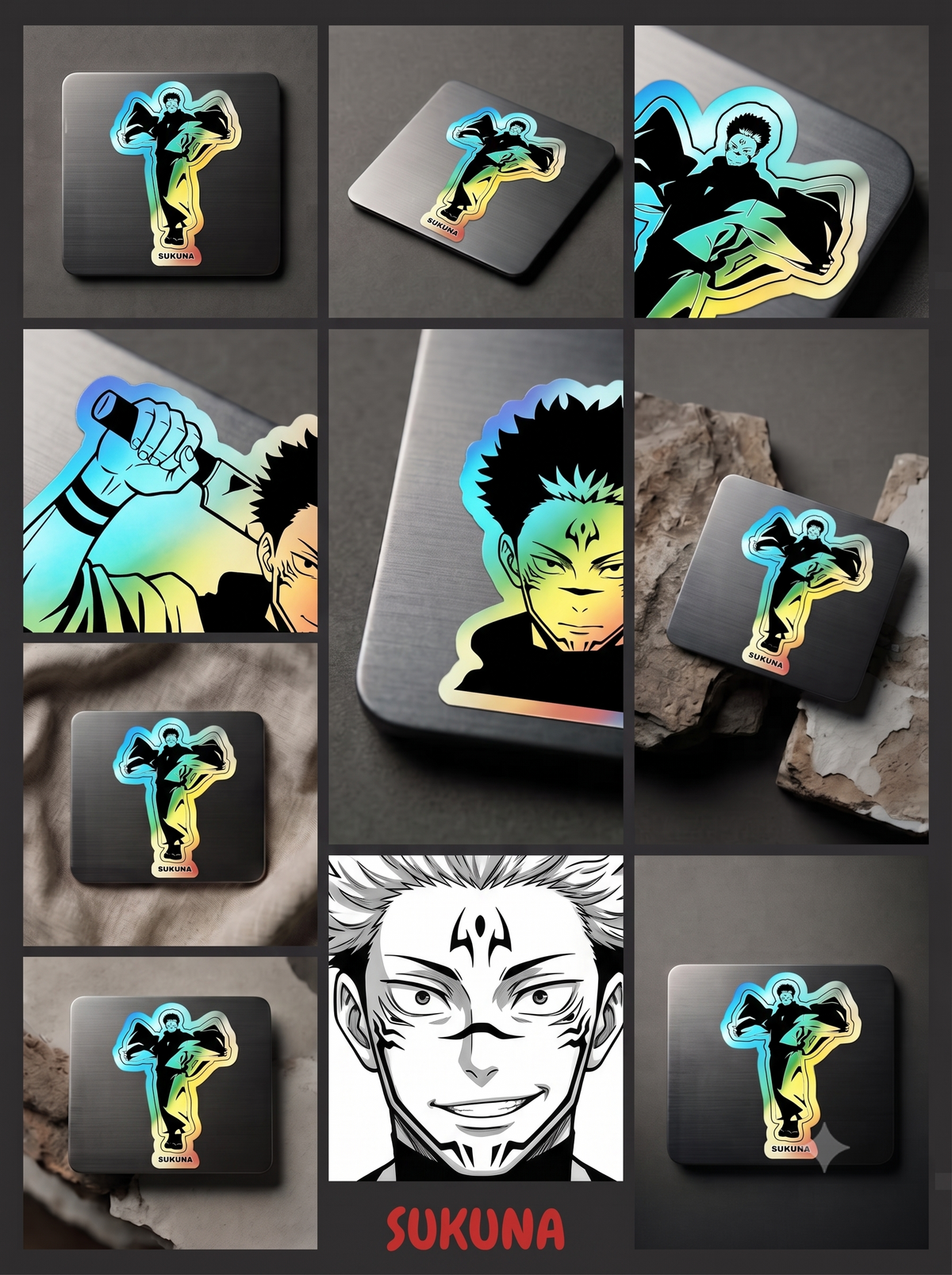 Unleash the King of Curses  Sukuna Holographic Die-Cut Sticker for Anime Laptops, Skateboards, and Journals.