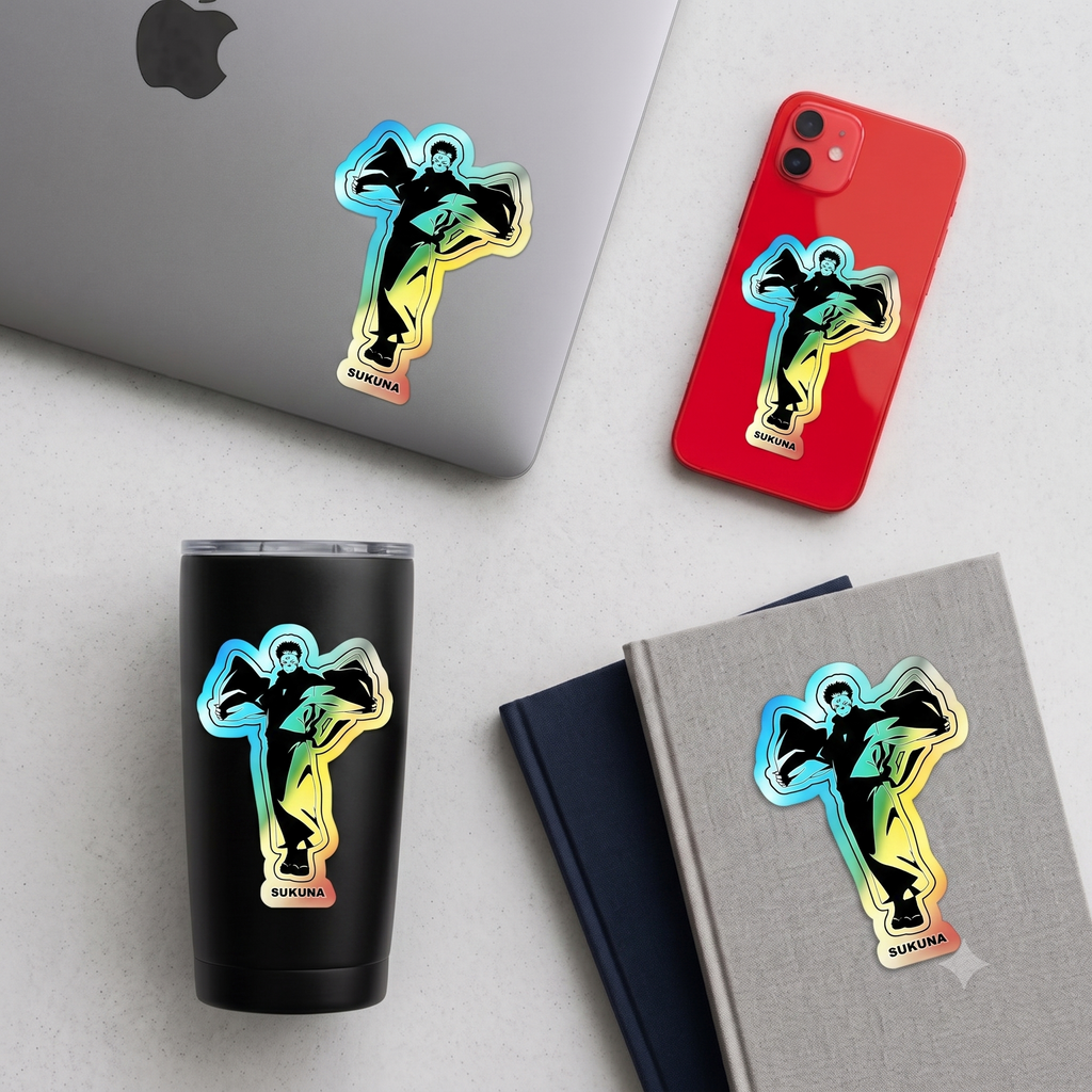 Unleash the King of Curses  Sukuna Holographic Die-Cut Sticker for Anime Laptops, Skateboards, and Journals.