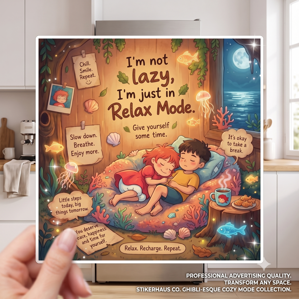 Relax Mode Illustration Ponyo Anime Studio Ghibli Kiss-Cut Stickers | Cozy Couple, Calming Quotes