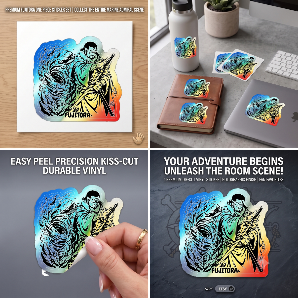 Samurai Fujitora One piece Character Sorcery Illustration Sticker | Holographic Die-cut Sticker