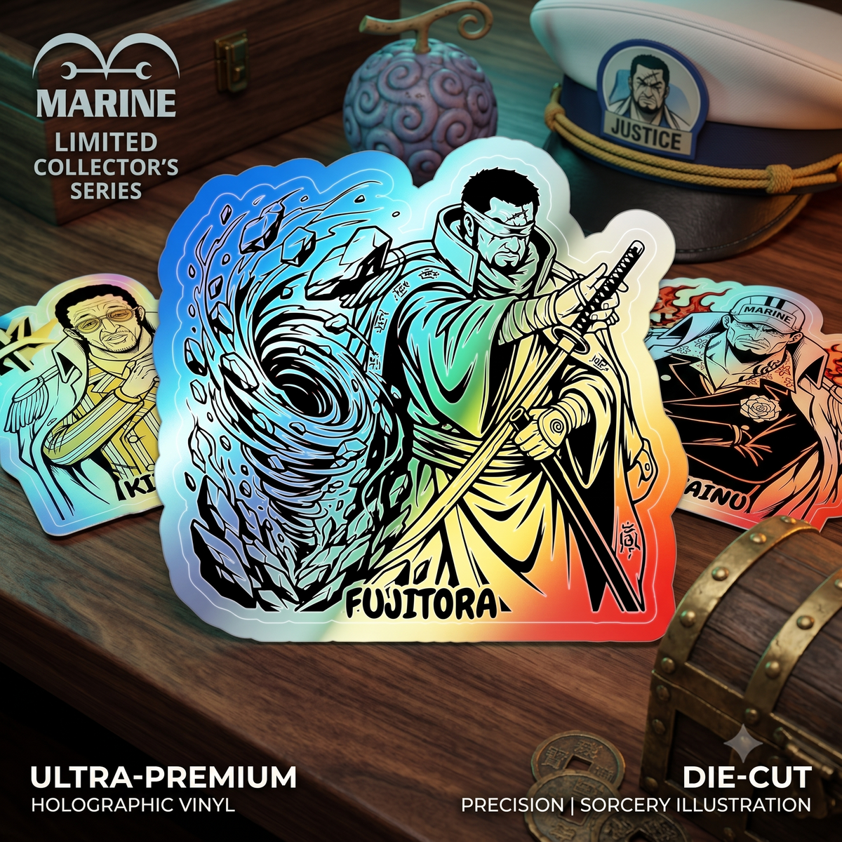Samurai Fujitora One piece Character Sorcery Illustration Sticker | Holographic Die-cut Sticker