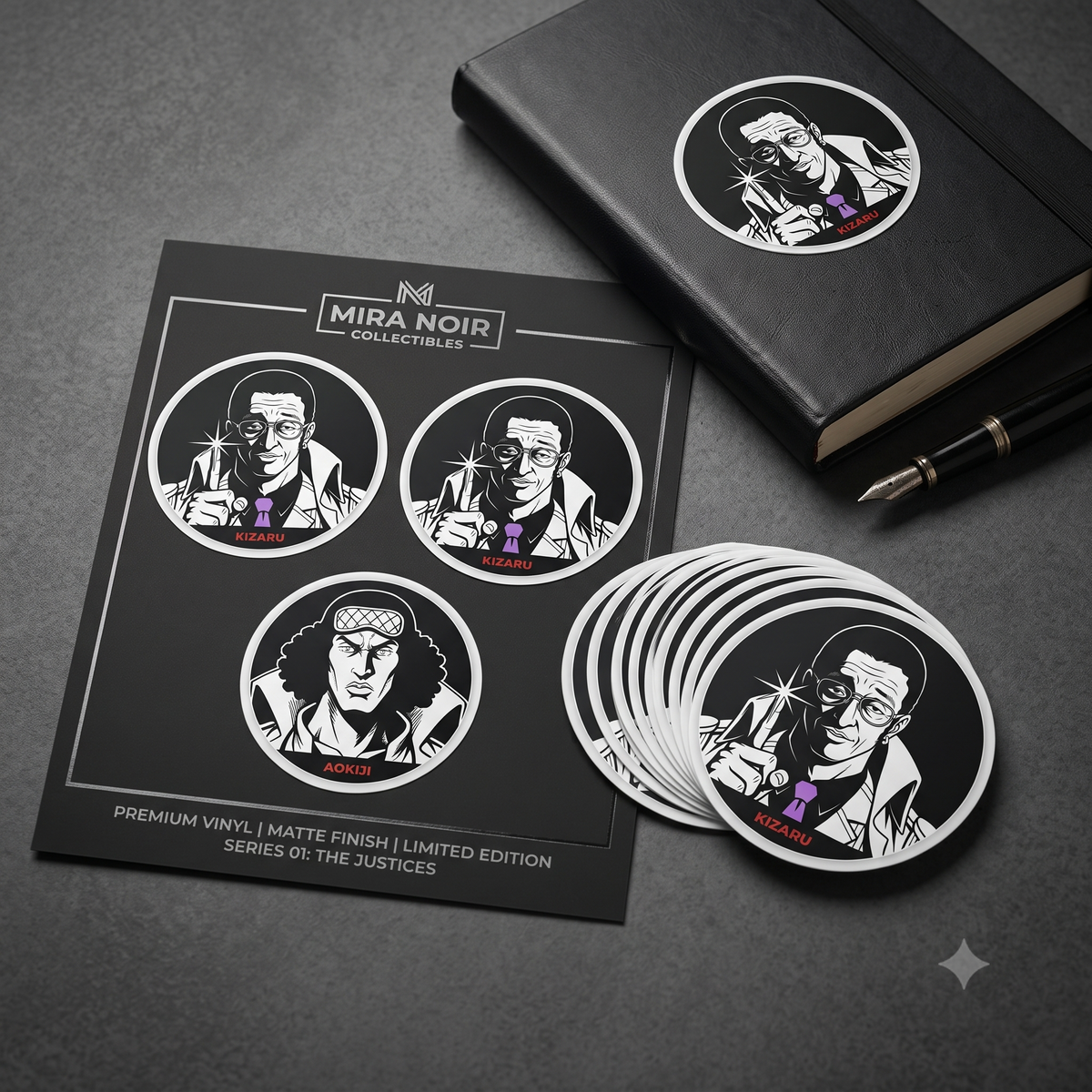 Detective Noir Illustration Round Vinyl  One Piece Characters Sticker | Kizaru Logo