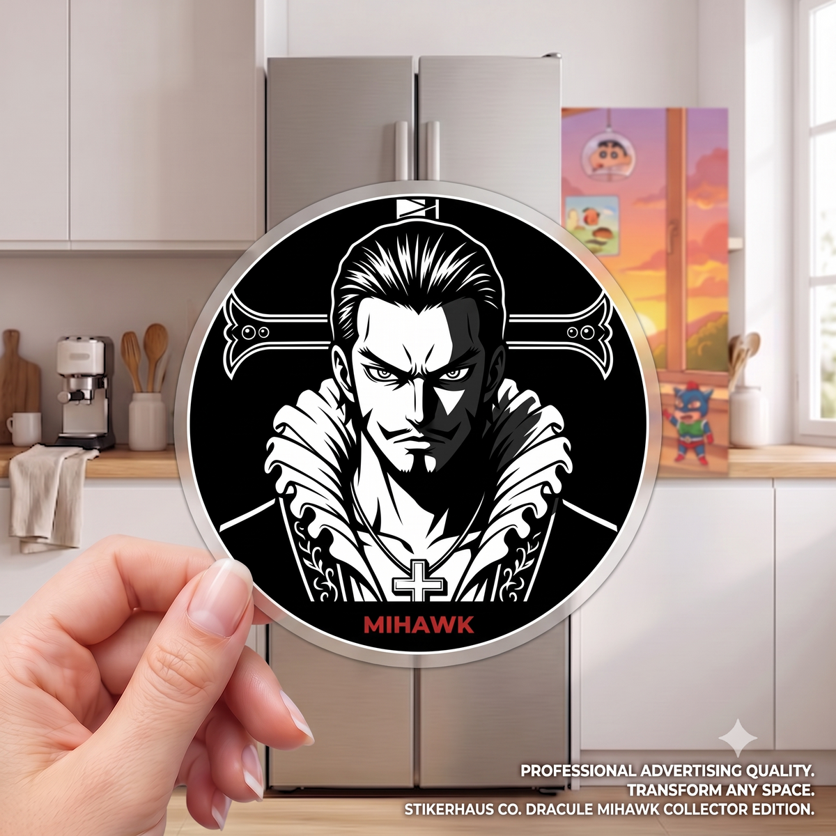 Mihawk Portrait Round Vinyl Sticker | Black White Anime Skull Cross