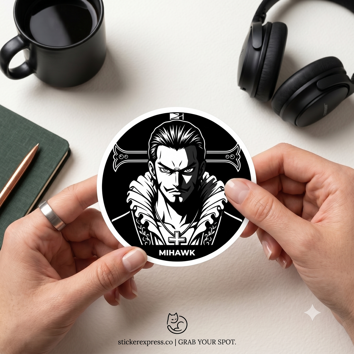 Mihawk Portrait Round Vinyl Sticker | Black White Anime Skull Cross
