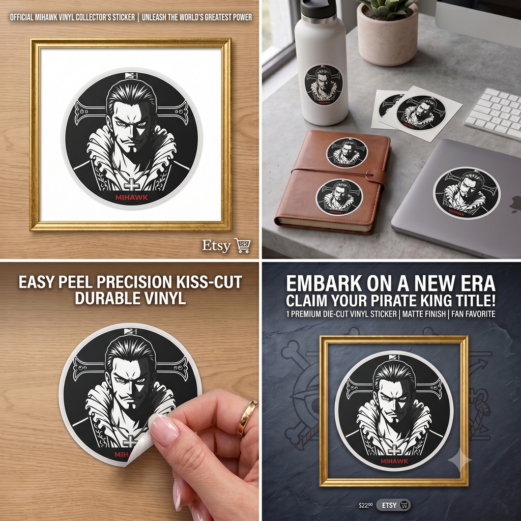Mihawk Portrait Round Vinyl Sticker | Black White Anime Skull Cross