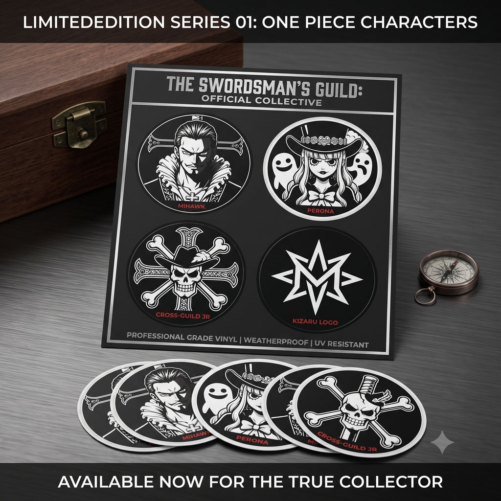 Mihawk Portrait Round Vinyl Sticker | Black White Anime Skull Cross