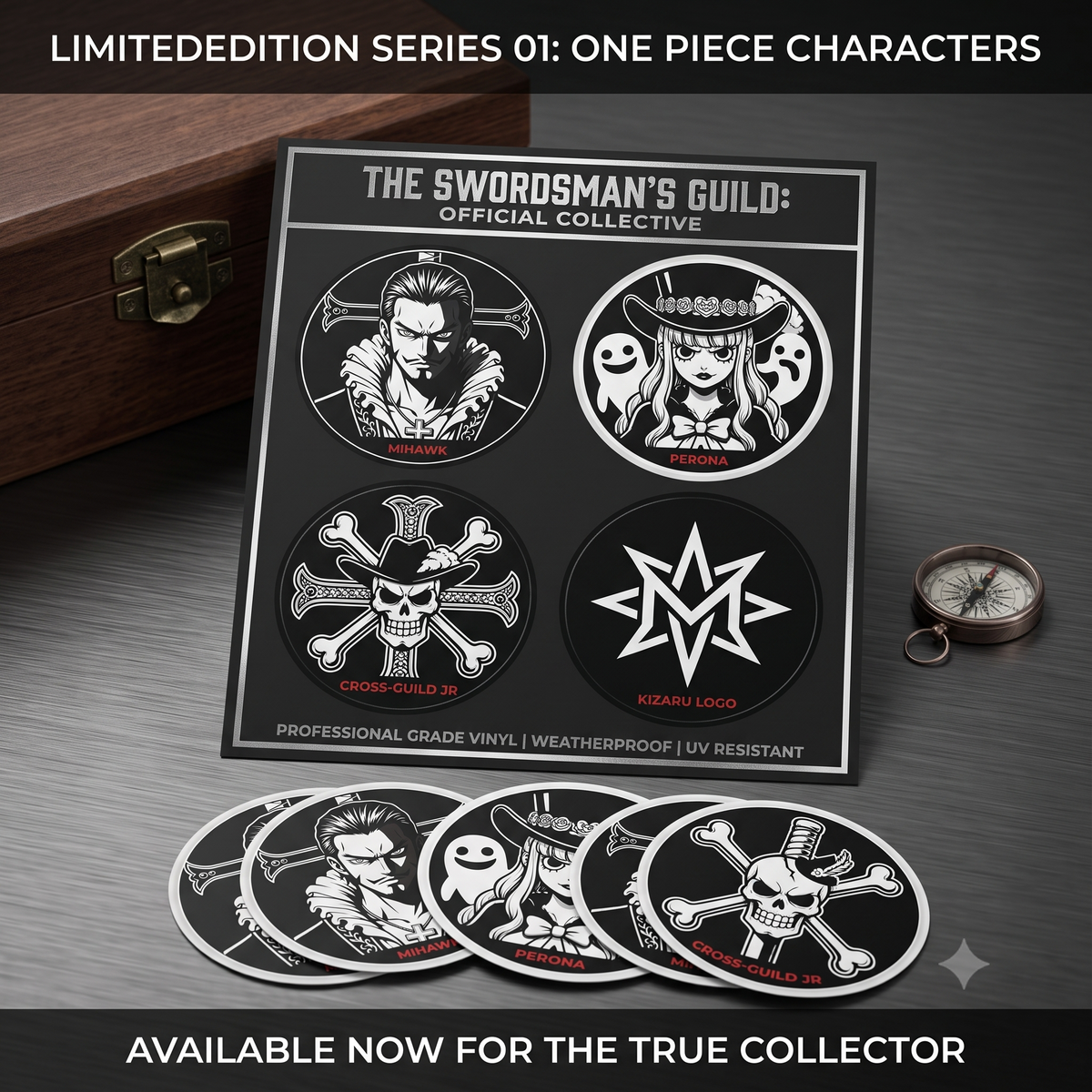 Mihawk Portrait Round Vinyl Sticker | Black White Anime Skull Cross