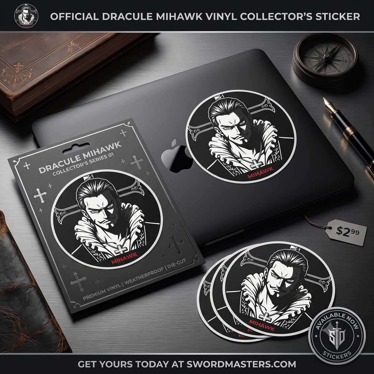 Mihawk Portrait Round Vinyl Sticker | Black White Anime Skull Cross