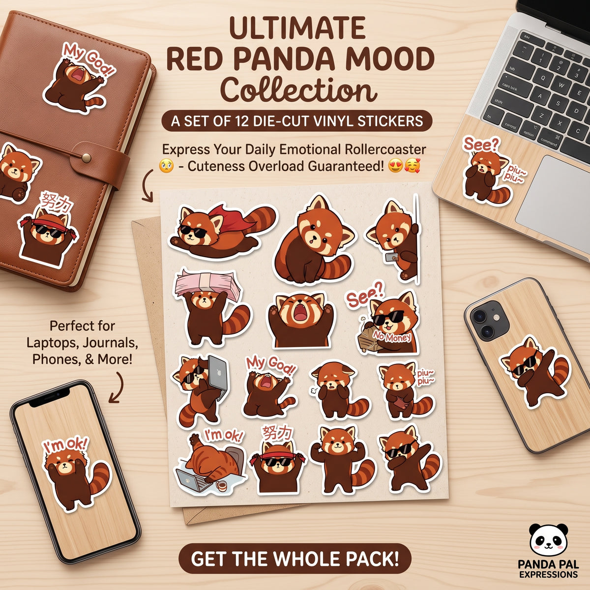 Red Panda Stickers Kiss-Cut Sticker Sheet | Cute Cartoon Red Panda Emotes