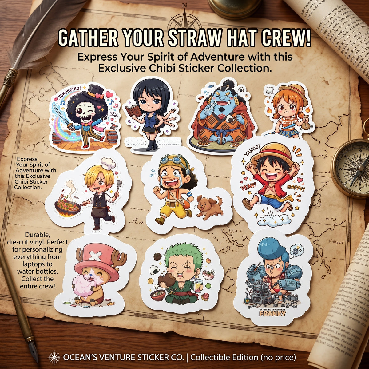 Cute Chibi One Piece Pirates Crew Sticker Sheet  Glossy Kiss-Cut Stickers for Laptops , Journals, Water Bottles & More.