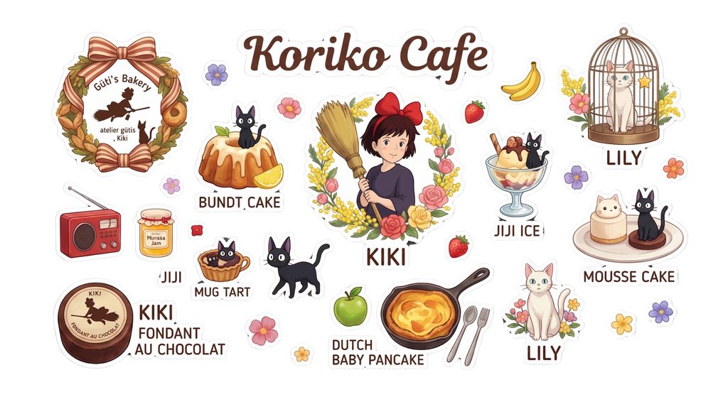 Koriko Cafe Kiki’s Delivery Kiss-Cut Sticker Sheet — Cute Anime Cafe Character & Food Decals