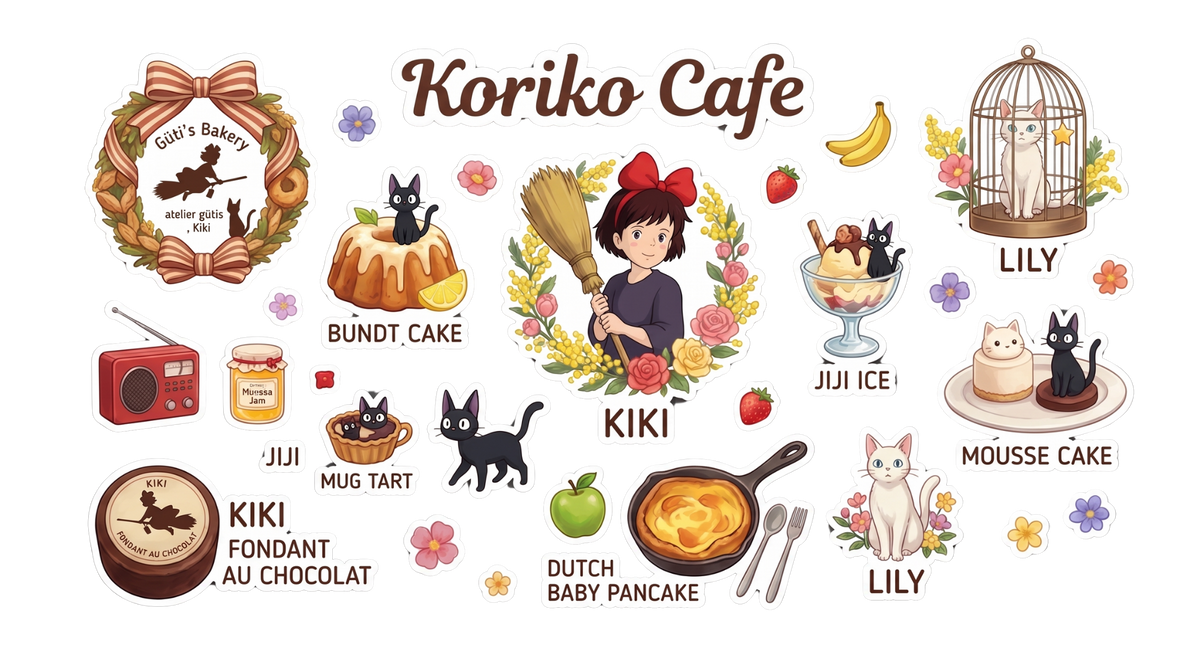 Koriko Cafe Kiki’s Delivery Kiss-Cut Sticker Sheet — Cute Anime Cafe Character & Food Decals