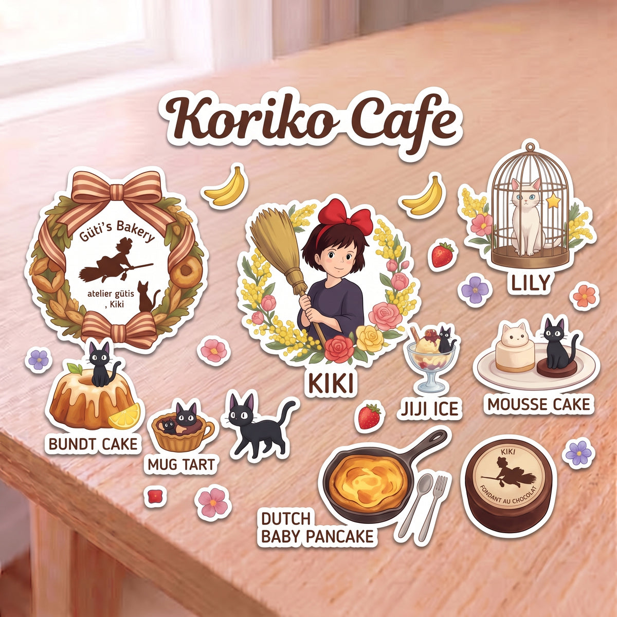 Koriko Cafe Kiki’s Delivery Kiss-Cut Sticker Sheet — Cute Anime Cafe Character & Food Decals