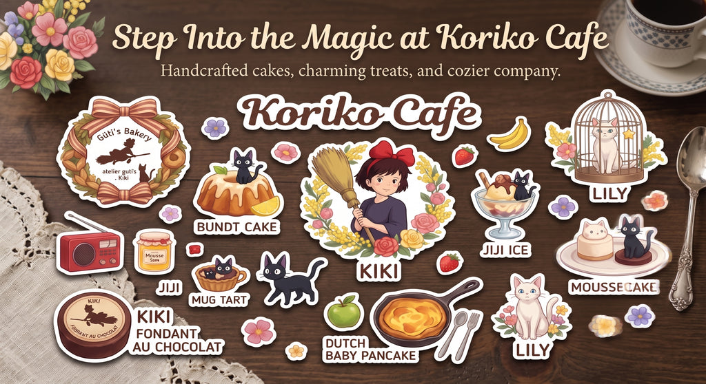 Koriko Cafe Kiki’s Delivery Kiss-Cut Sticker Sheet — Cute Anime Cafe Character & Food Decals