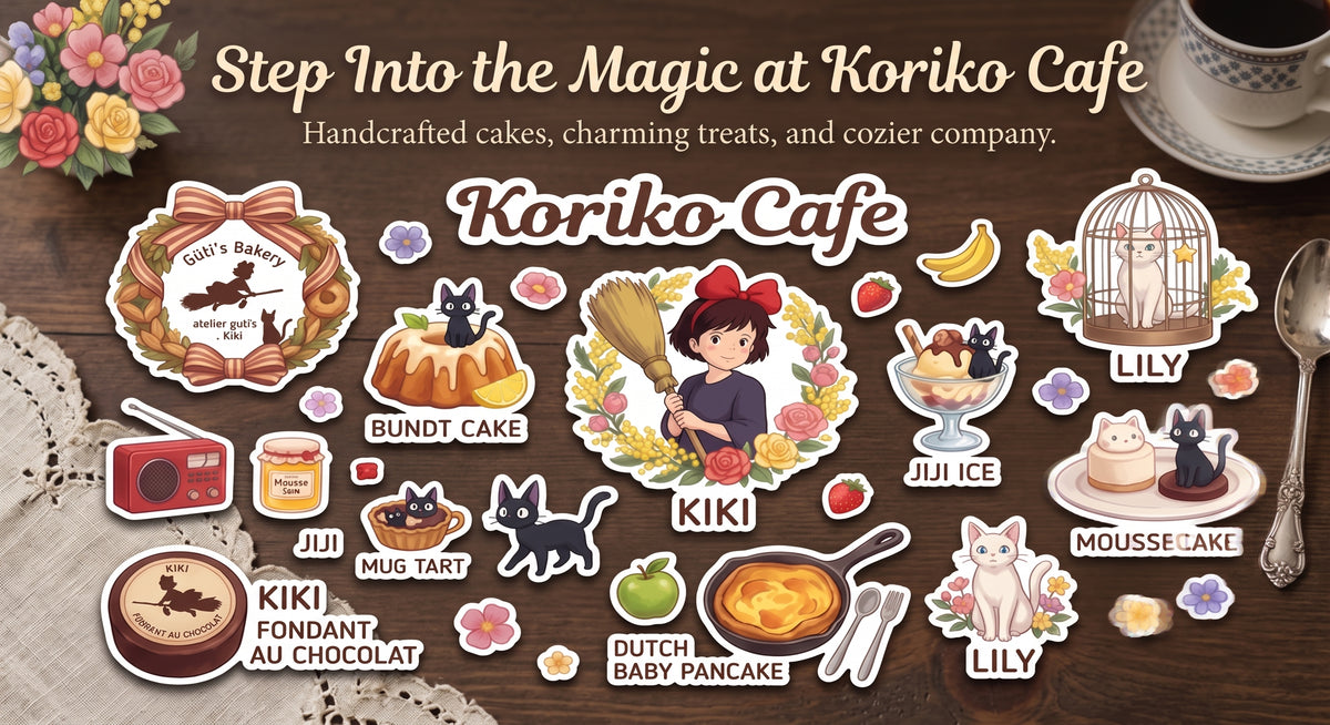 Koriko Cafe Kiki’s Delivery Kiss-Cut Sticker Sheet — Cute Anime Cafe Character & Food Decals