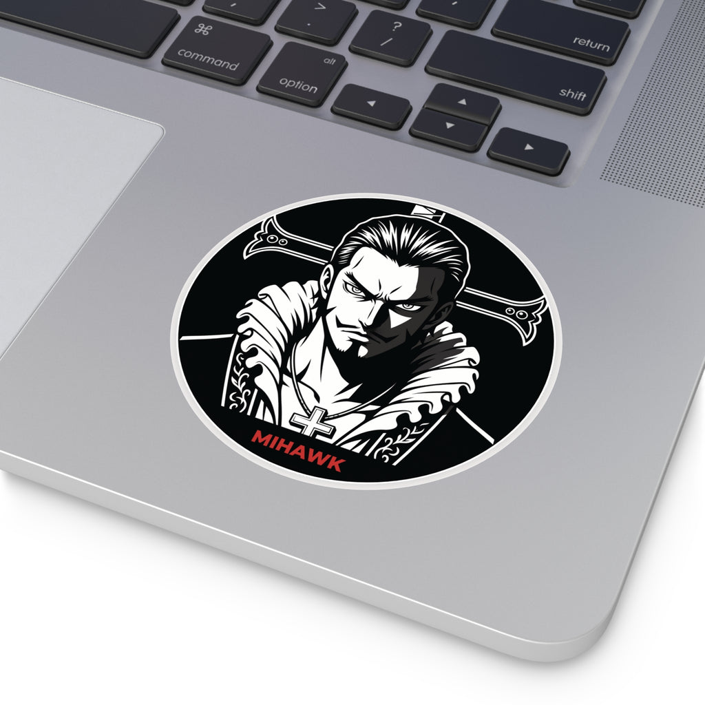 Mihawk Portrait Round Vinyl Sticker | Black White Anime Skull Cross
