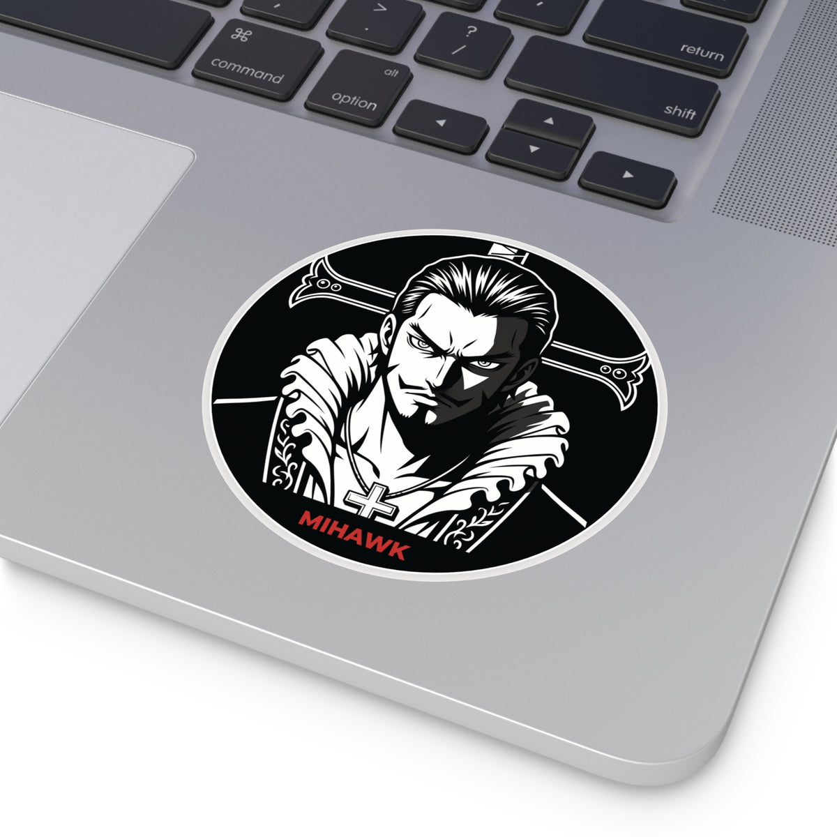 Mihawk Portrait Round Vinyl Sticker | Black White Anime Skull Cross