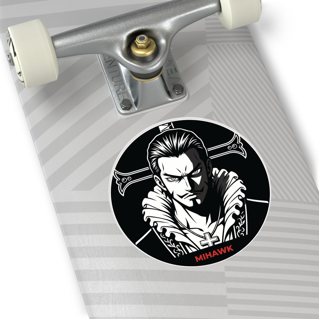 Mihawk Portrait Round Vinyl Sticker | Black White Anime Skull Cross