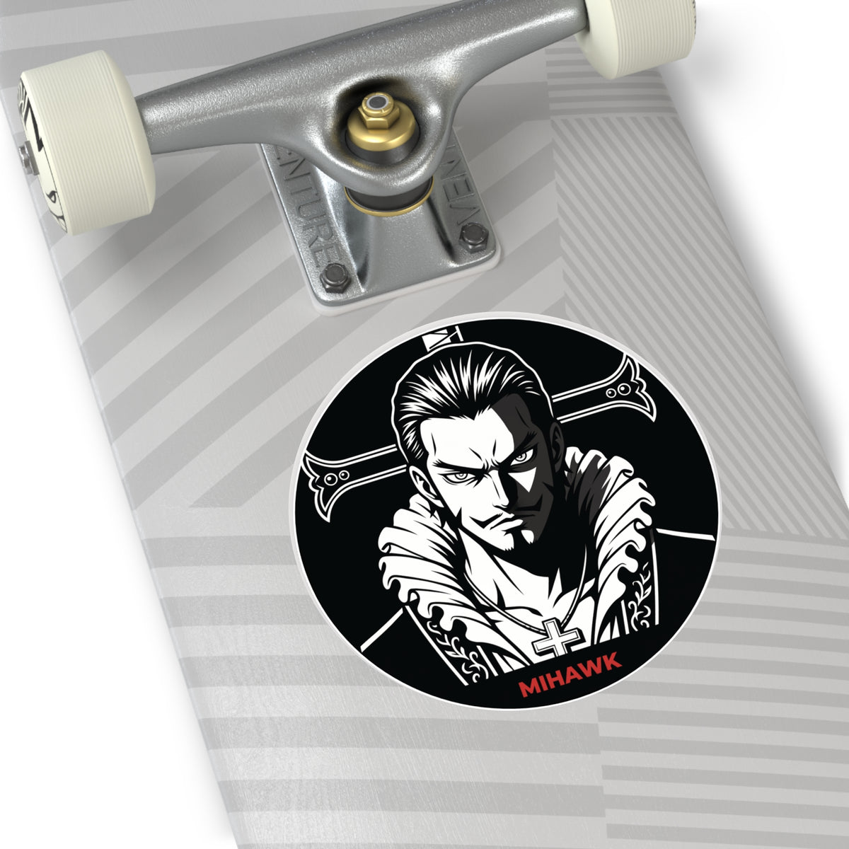 Mihawk Portrait Round Vinyl Sticker | Black White Anime Skull Cross