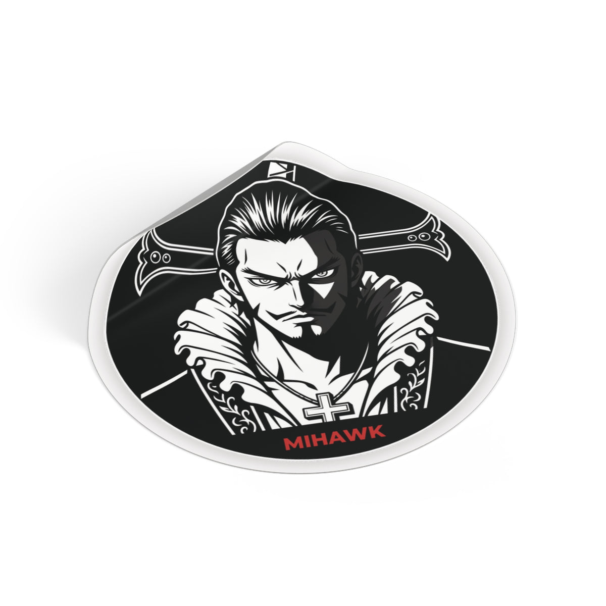 Mihawk Portrait Round Vinyl Sticker | Black White Anime Skull Cross