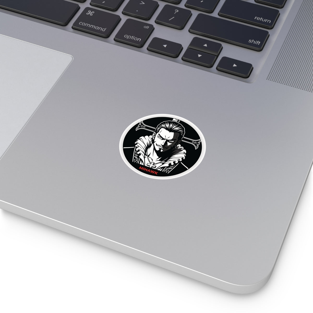 Mihawk Portrait Round Vinyl Sticker | Black White Anime Skull Cross