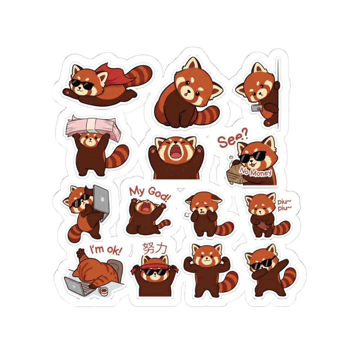 Red Panda Stickers Kiss-Cut Sticker Sheet | Cute Cartoon Red Panda Emotes