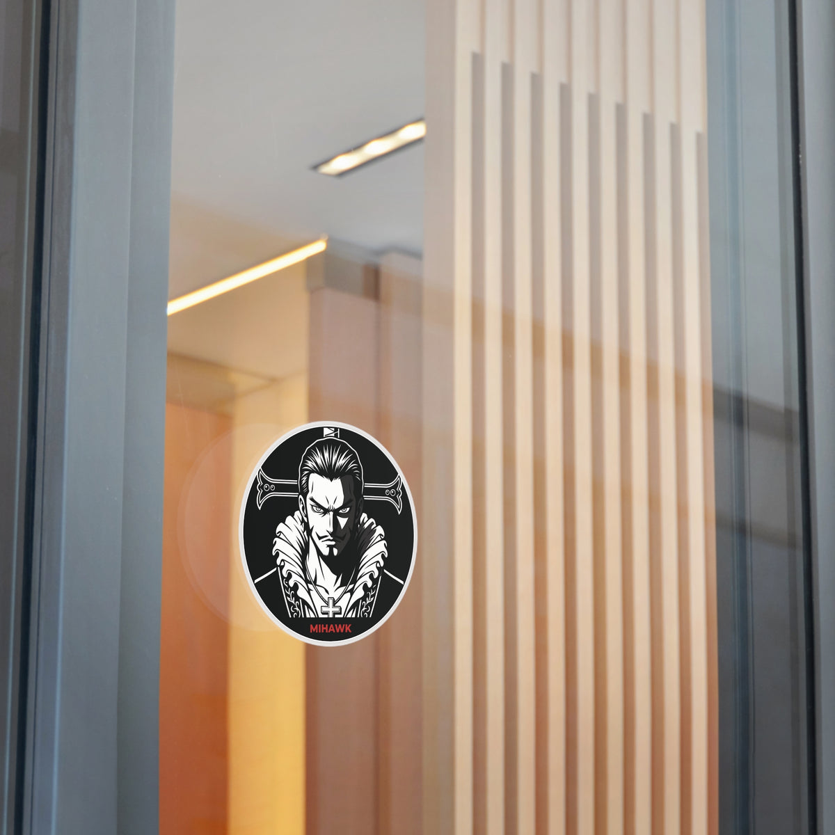 Mihawk Portrait Round Vinyl Sticker | Black White Anime Skull Cross