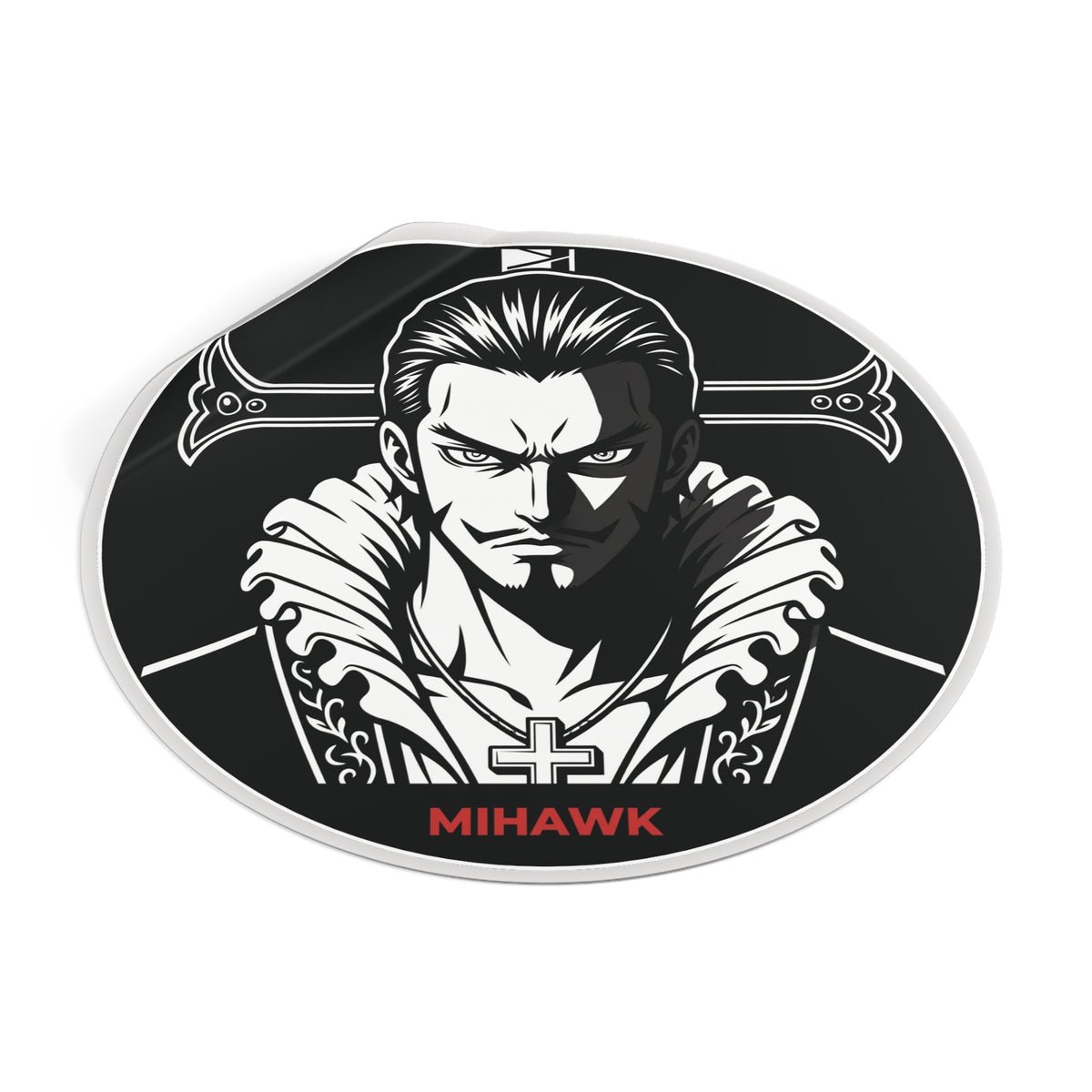 Mihawk Portrait Round Vinyl Sticker | Black White Anime Skull Cross