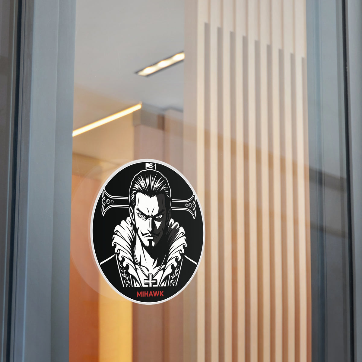 Mihawk Portrait Round Vinyl Sticker | Black White Anime Skull Cross