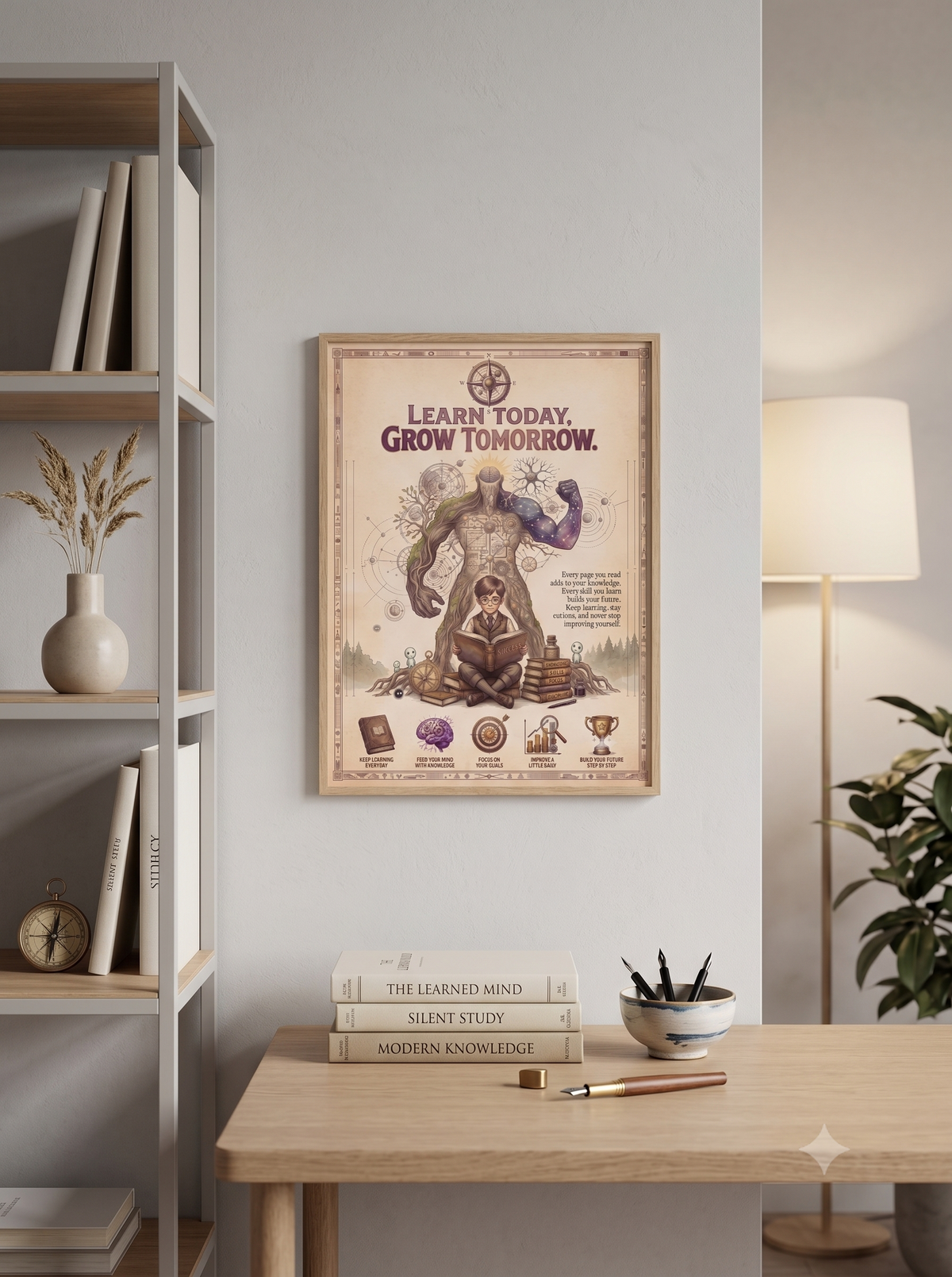 Learn Today Grow Tomorrow Vintage Motivational Poster | Knowledge Mindset Printable Wall Art | Dark Academia Study Decor Digital Download