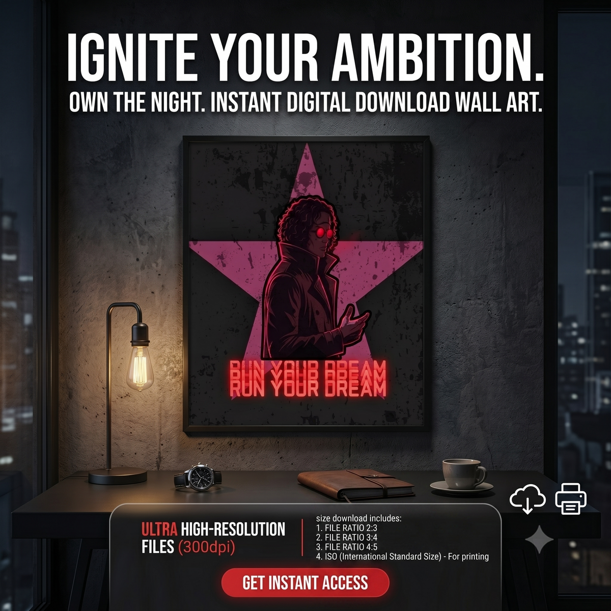 Run Your Dream Cyberpunk Digital Print | Cyber Noir Wall Art Poster | Dark Anime Studio Decor | Motivational Neon Rebel Printable Art