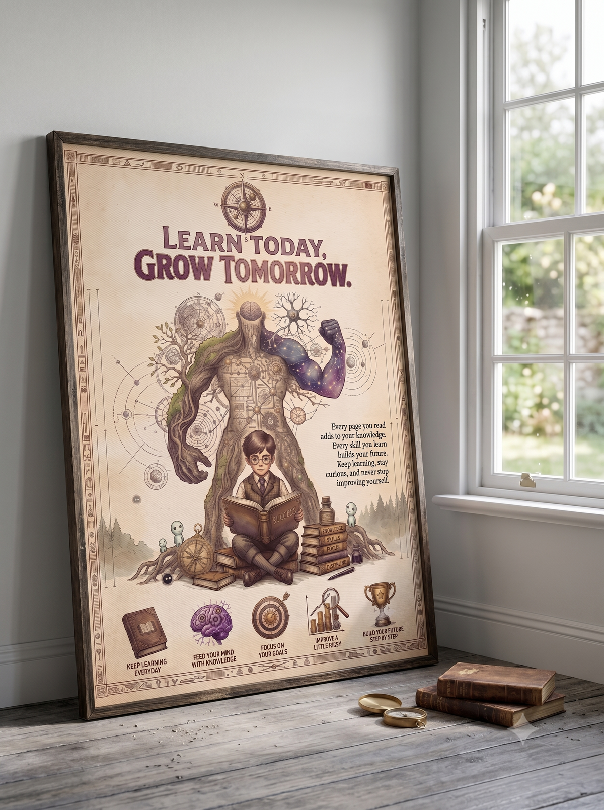 Learn Today Grow Tomorrow Vintage Motivational Poster | Knowledge Mindset Printable Wall Art | Dark Academia Study Decor Digital Download